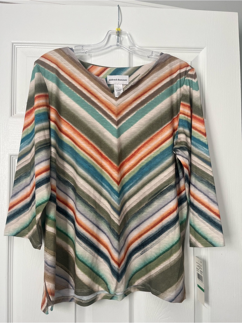 Alfred Dunner Chevron V-Neck Top in Teal, Orange & Beige
